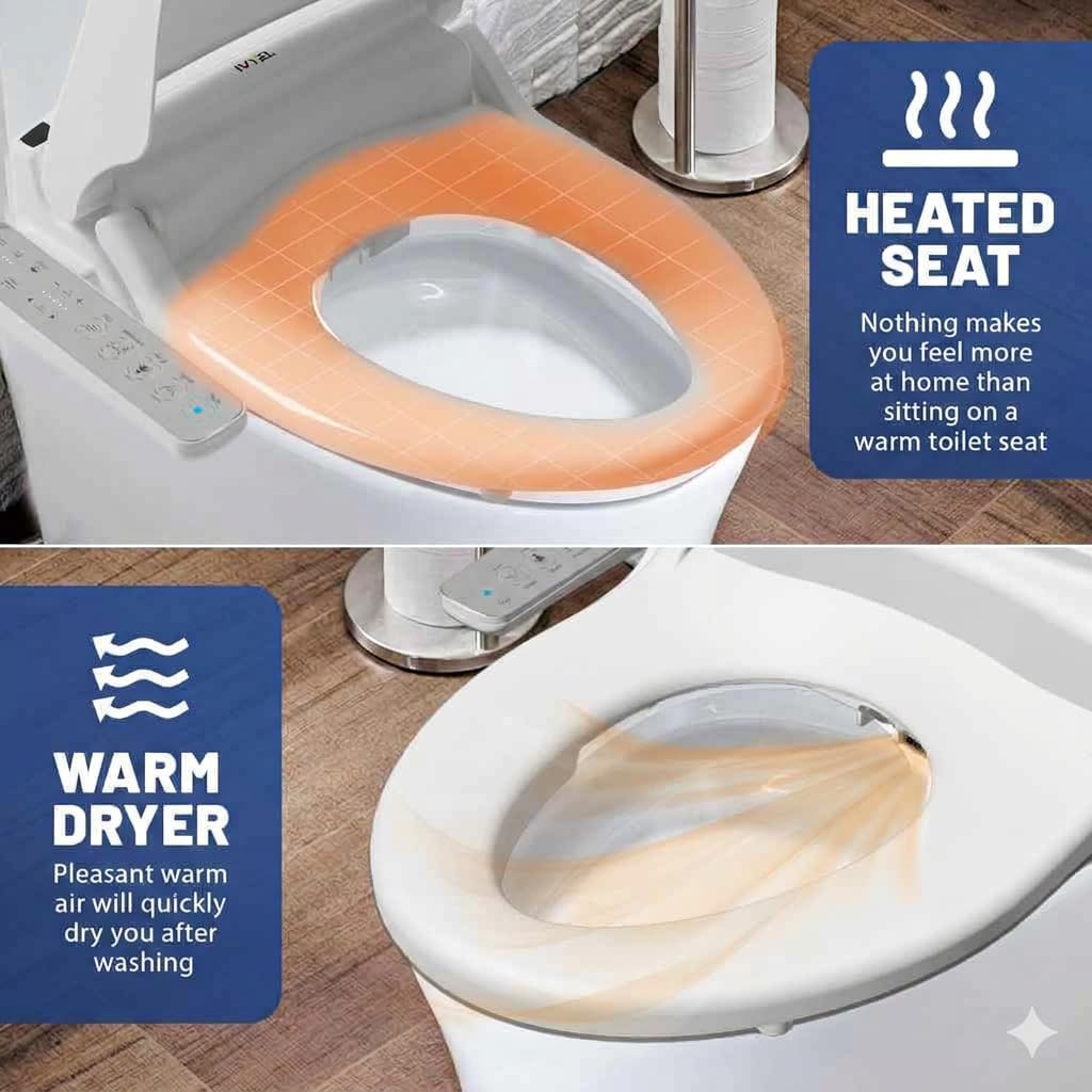 J-2 Smart Electric Bidet for Toilet Seat, Fits Round toilets,Warm water, Heated bidet toilet seat, Heated Dryer, Child Function, Stainless Steel Self-Cleaning Nozzle, LED Night Light