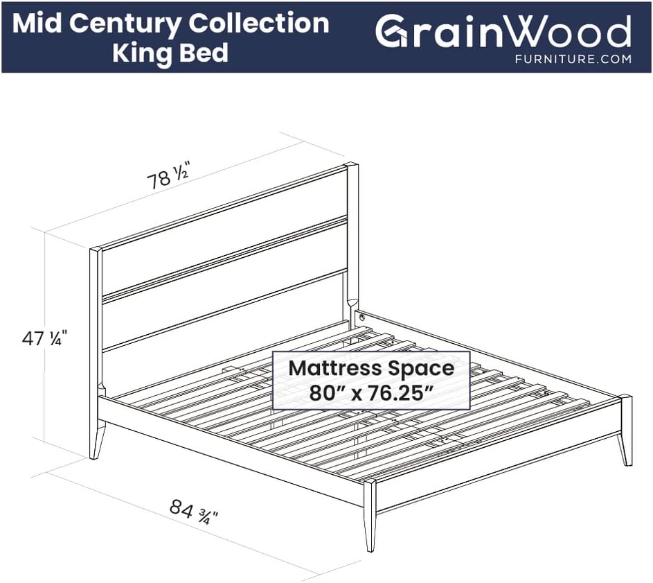 Grain Wood Furniture Mid Century Solid Wood Platform Bed, King Size, Brushed Walnut