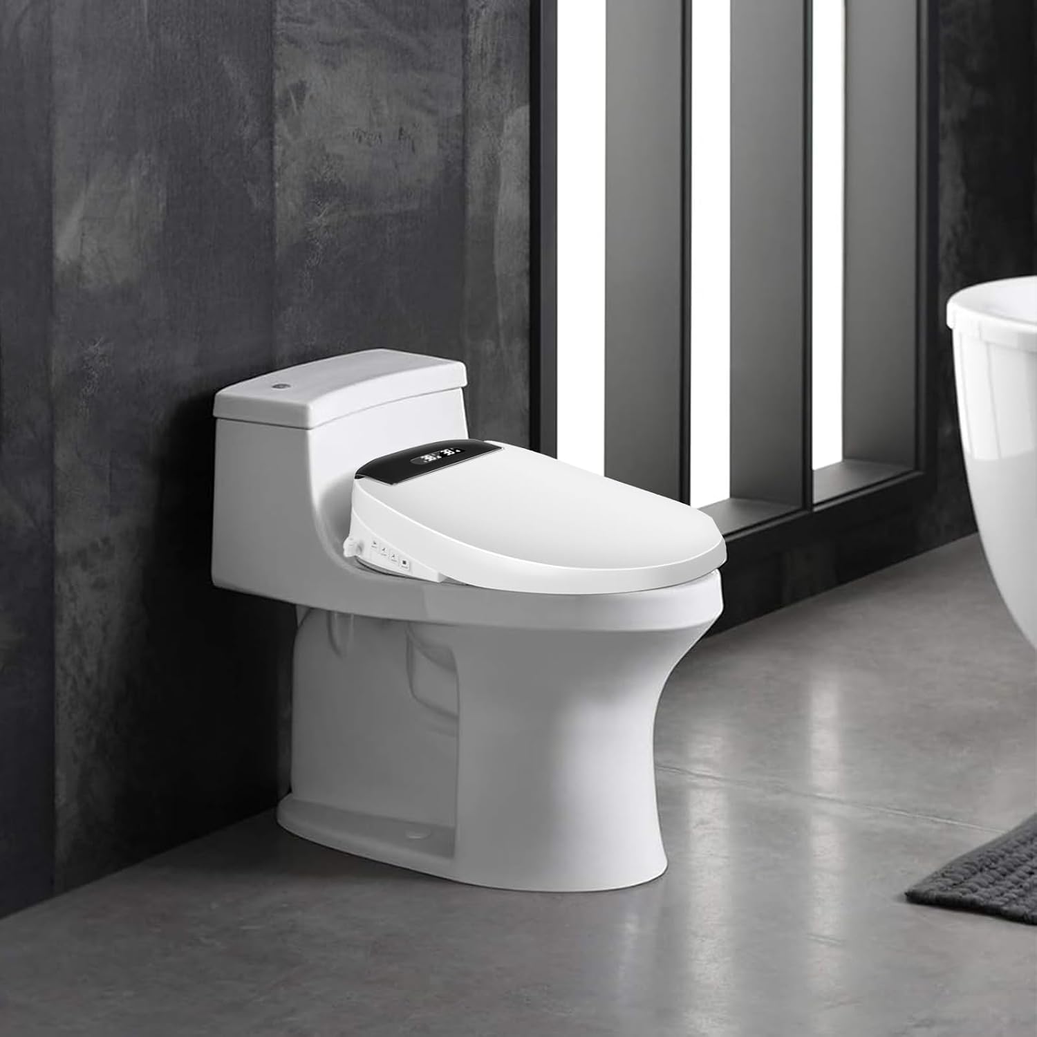 Electric Smart Toilet Seat Bidet with Slow Close Lid Cover, Instant Heated Seat, LCD, Adjustable Water Pressure & Temperature, Dual Positions, Self-Cleaning Nozzle, Night Light- Round