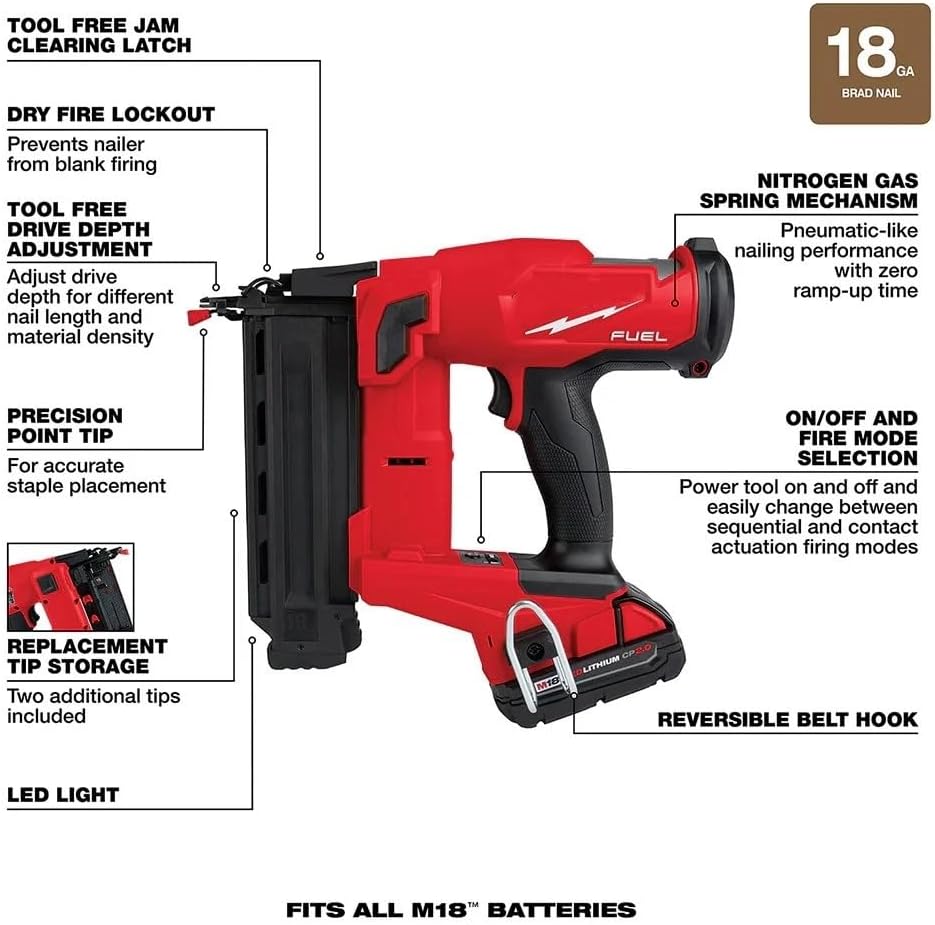 2746-21CT Brushless Cordless Brad Nailer for Milwaukee M18 18V FUEL 18-Gauge Brad Nailer Kit