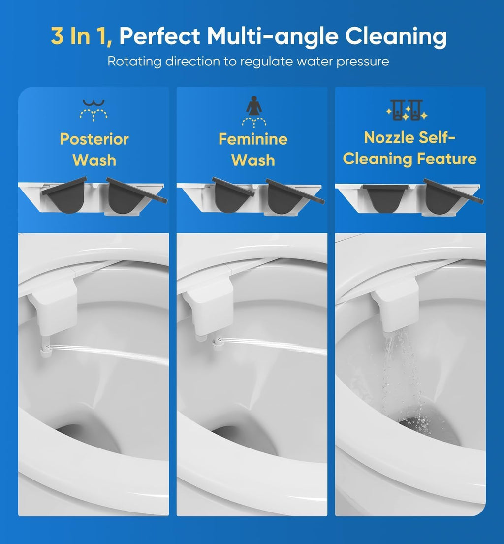 Ultra-Slim 3-in1 Bidet, Self-Cleaning, Posterior&Feminine Wash-(Retractable Dual Nozzles), Non-Electric Bidet Attachment, Adjustable Fresh Cold Water Pressure, Stainless Steel Inlet（2PCS）