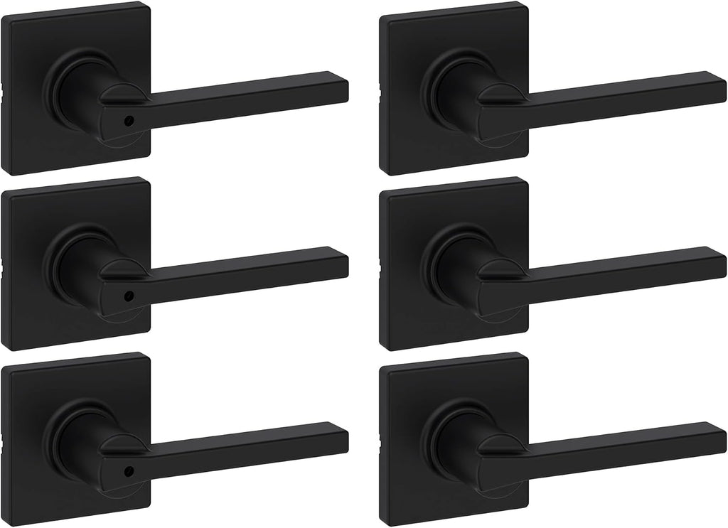 Kwikset Casey Hallway Passage and Bed/Bath Privacy Door Handle 6 Pack, 3 Passage Levers and 3 Privacy Levers, Matte Black Reversible Interior Handles, with Microban