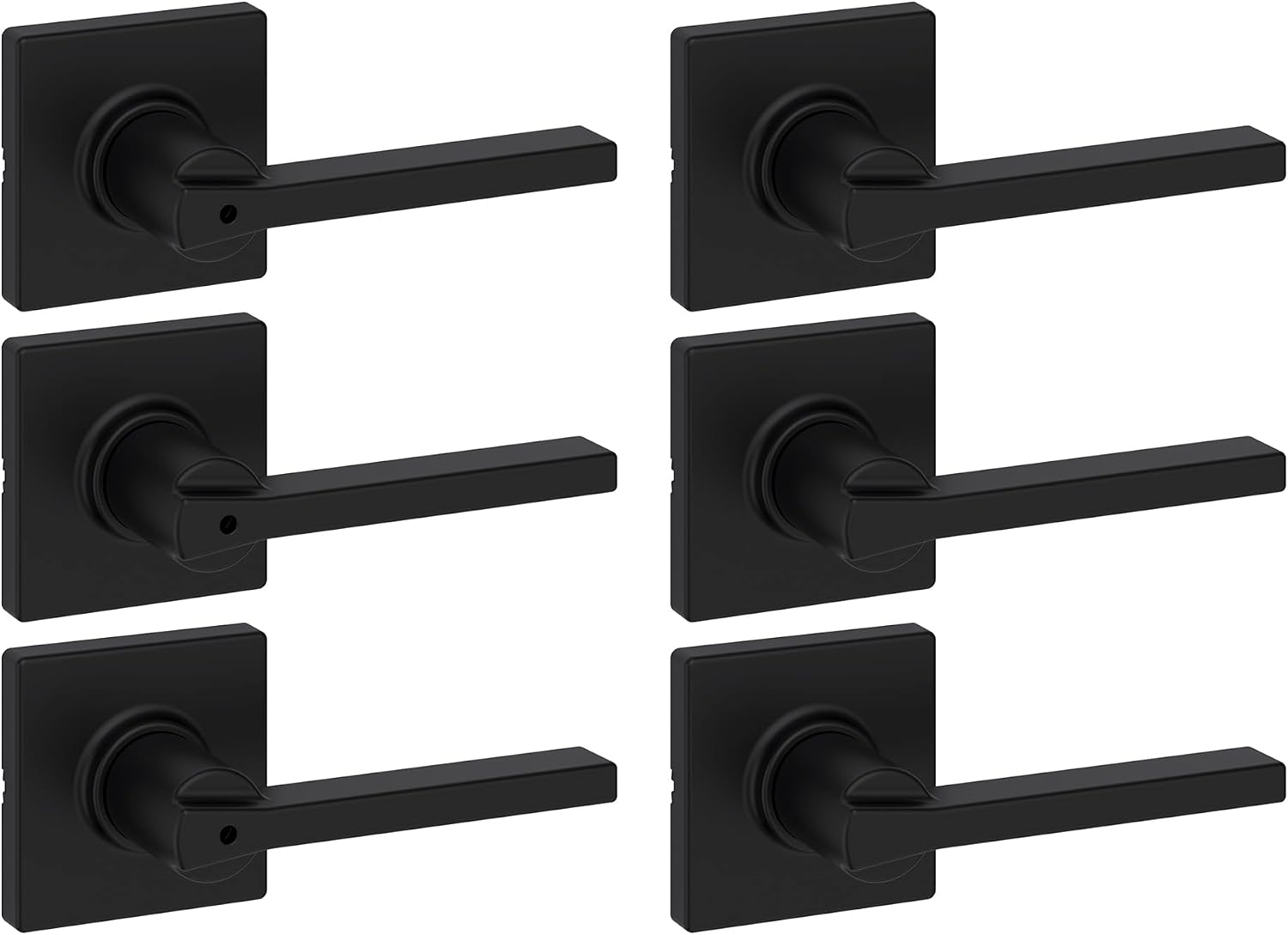 Kwikset Casey Hallway Passage and Bed/Bath Privacy Door Handle 6 Pack, 3 Passage Levers and 3 Privacy Levers, Matte Black Reversible Interior Handles, with Microban