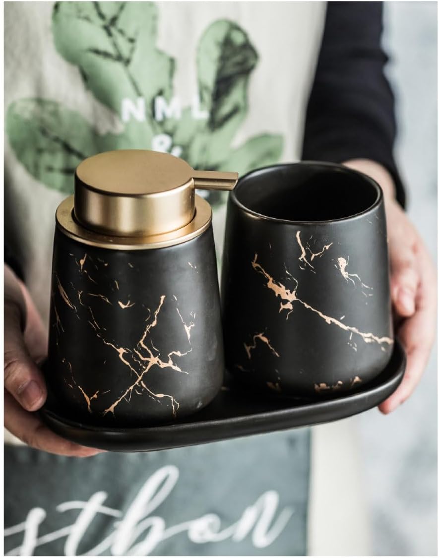 3 Pieces Marble Bathroom Accessories Set Including Soap Dispenser Tray Rinse Cup - for Home Hotel Black One Size (Black Size)