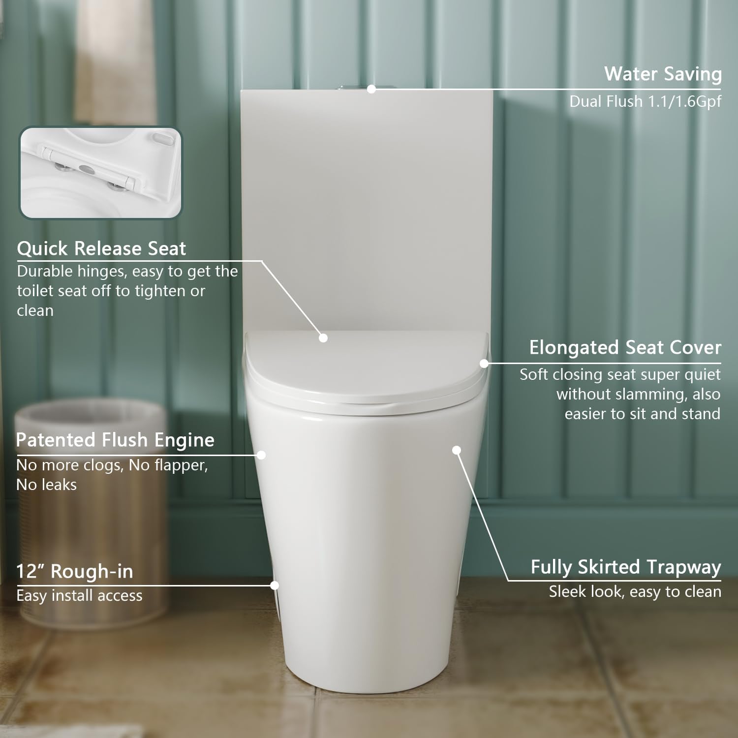 DeerValley Elongated One Piece Toilet with Comfortable Chair Seat Height, Dual Flush Toilet 1.1/1.6 GPF and 10' Rough-in Toilet Bowl DV-1F52102R