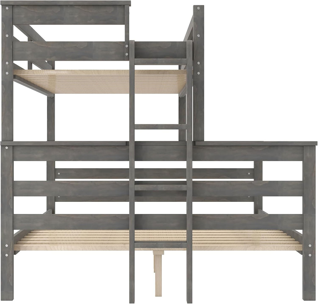 Harper & Bright Designs Detachable Design Twin XL Over Queen Bunk Bed with Ladder,Wood Twin-Over-Queen Bunk Bed Frame with Guardrail,Separated into 2 Beds,Gray