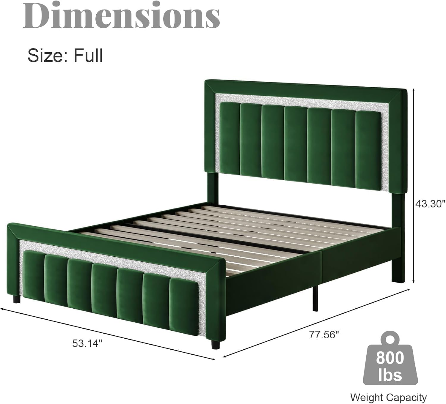 HOMBCK Full Bed Frame with Diamond Headboard and Footboard, Velvet Upholstered Bed with Wooden Slats Support, No Box Spring Needed, Easy Assembly, Green