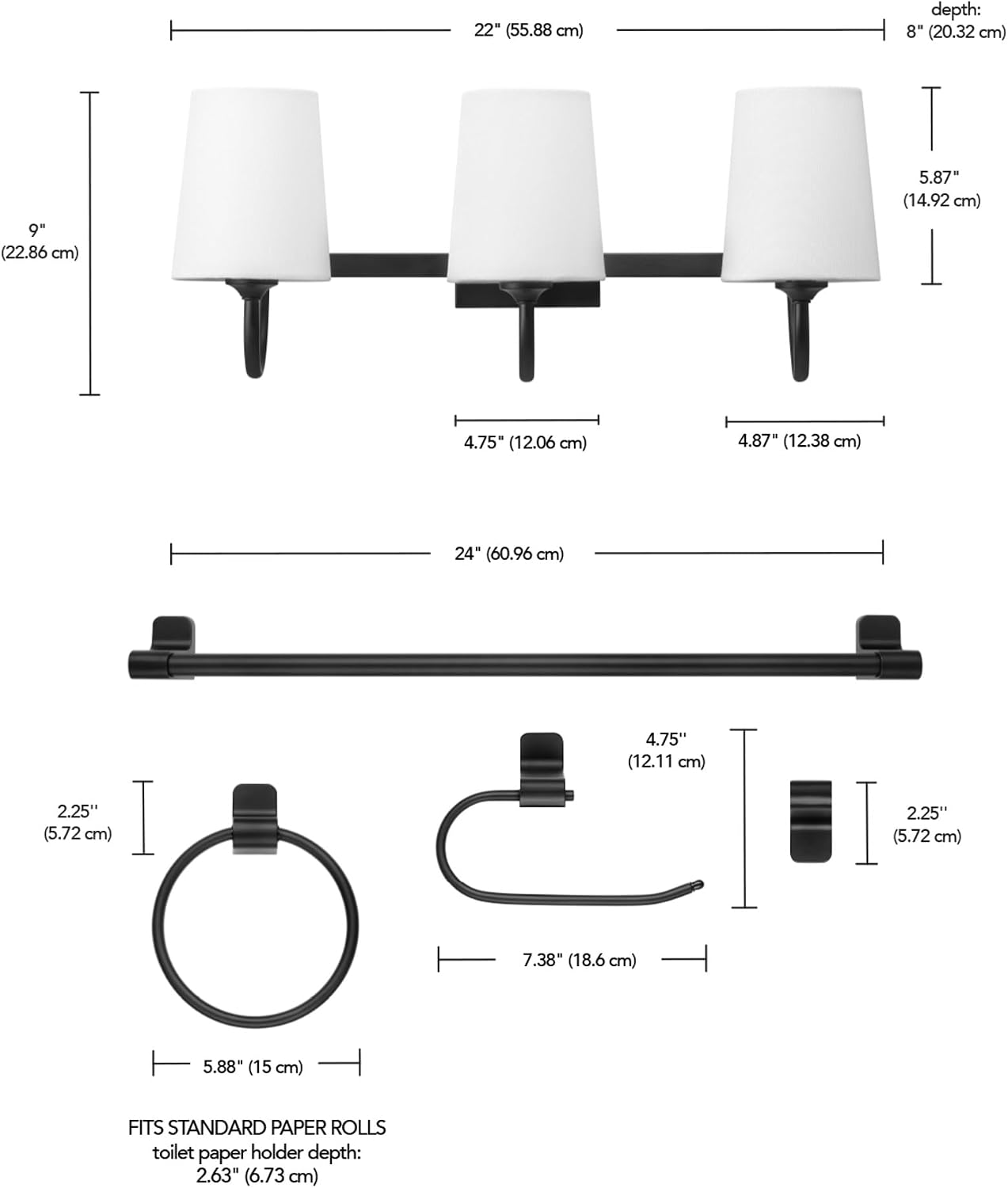 Globe Electric 63000206 5-Piece All-in-One Bathroom Set, 3-Light Vanity Light, Matte Black, Linen Shades, Towel Bar, Robe Hook, Toilet Paper Holder, Towel Ring, Bathroom Lights Over Mirror