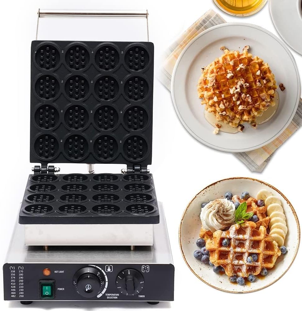 16 Grids Electric Stainless Steel Mini Round Waffle Maker Machine, Non-Stick Teflon Coating, Time & Temperature Control, Commercial Waffle Maker for Bakeries, Cafes, Restaurants
