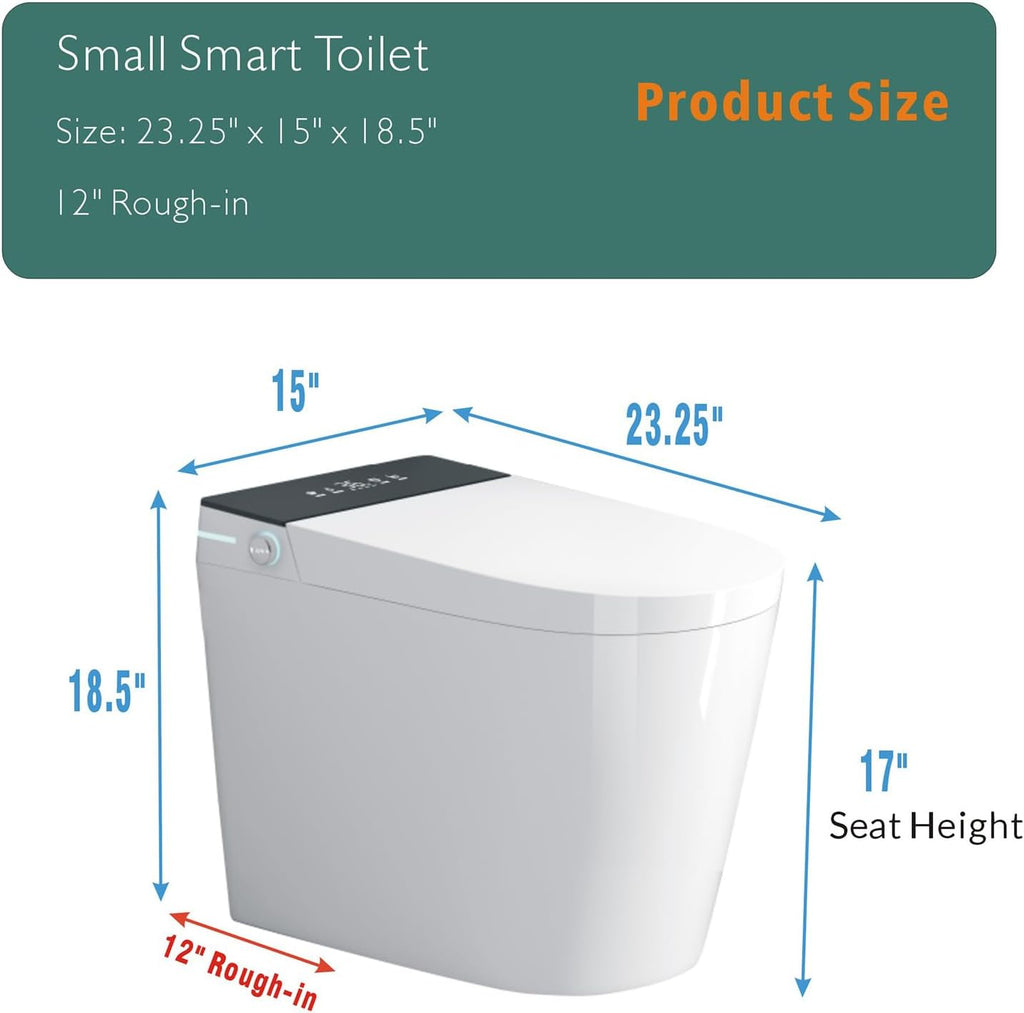 Compact Smart Toilet with Bidet Seat Built in, Tankless with 23.25' Depth, Auto Open Auto Flush, Heated Seat, Instant Warm Air Dryer for Small Bathrooms, White with Black Panel