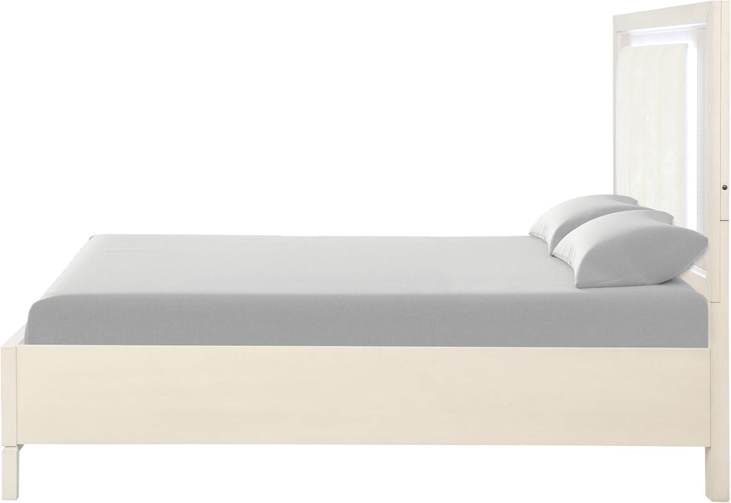 Furniture of America Oberlin Modern Solid Wood 6-Piece Bedroom Set with LED on Padded Fabric Headboard, Vertical Channel Tufting, Chrome Finger Pulls, Box Spring Needed, King, Antique White