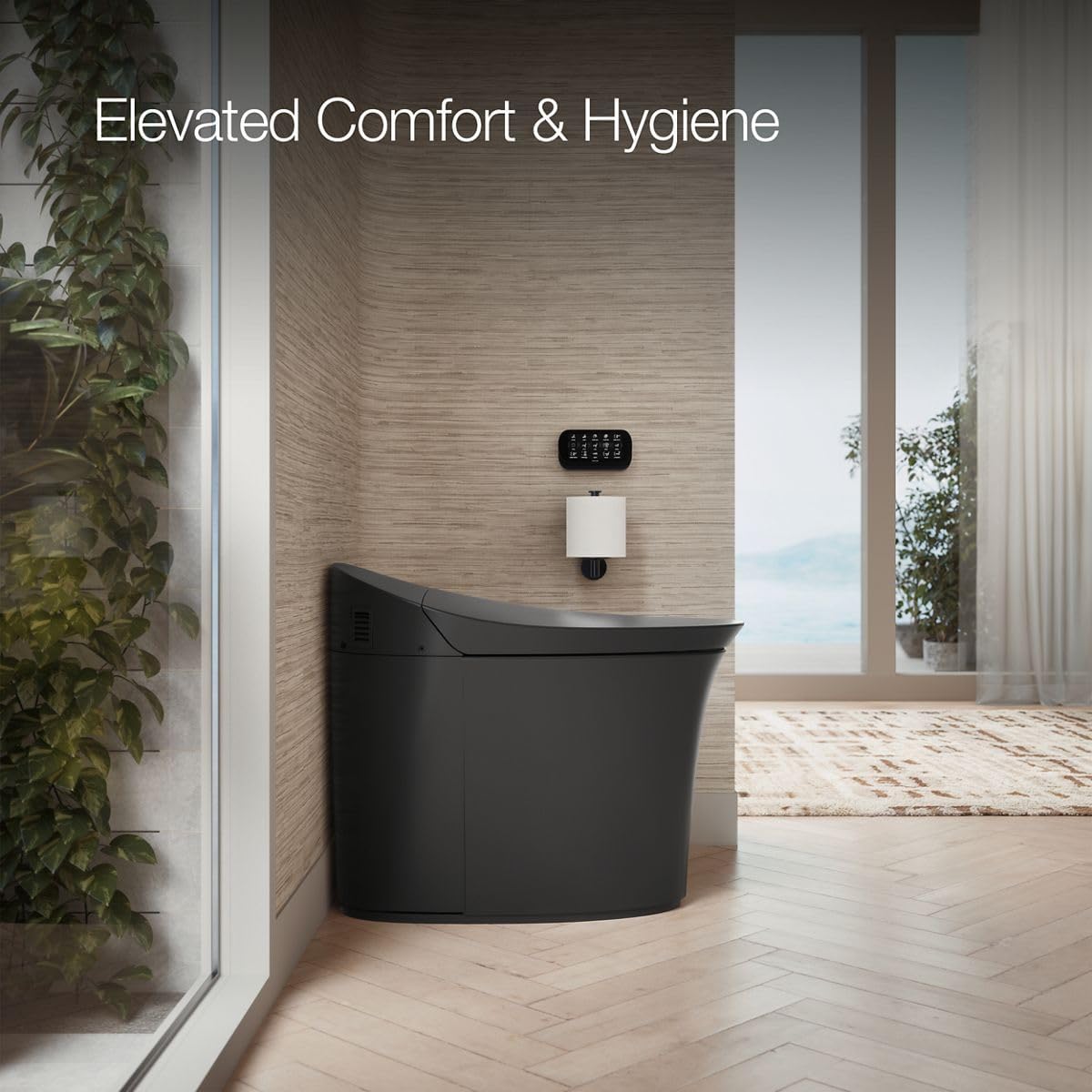 Kohler K-5401-PA Veil One-Piece Elongated Dual-Flush Intelligent Toilet, Smart Bidet Toilet, Honed Black.