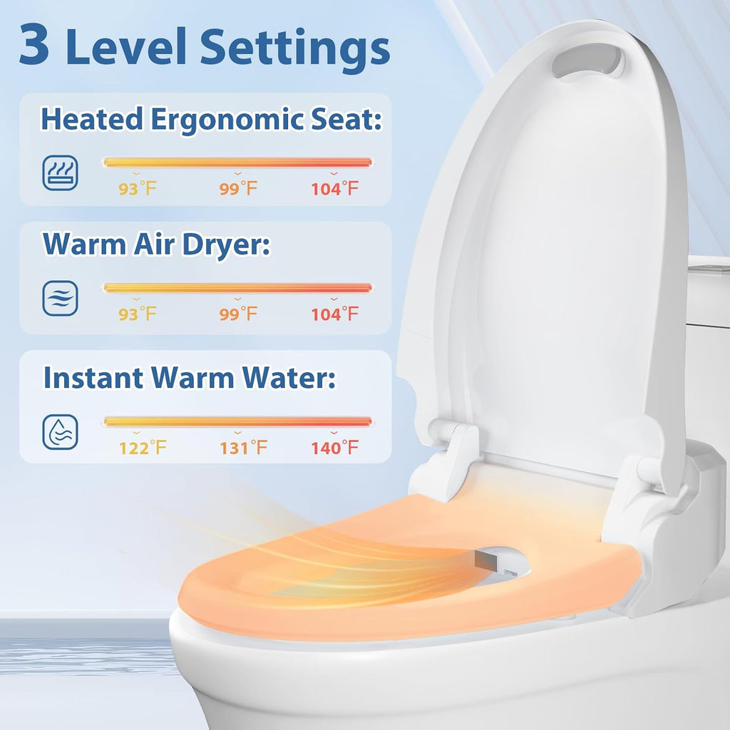 R FLORY Electric Bidet Toilet Seat Elongated Heated Toilet Seat with Bidet Slow Close Lid, Remote Control, Air Pump Flushing, Adjustable Self-Clean Nozzle, Instant Warm Water, Air Dryer, Night Light