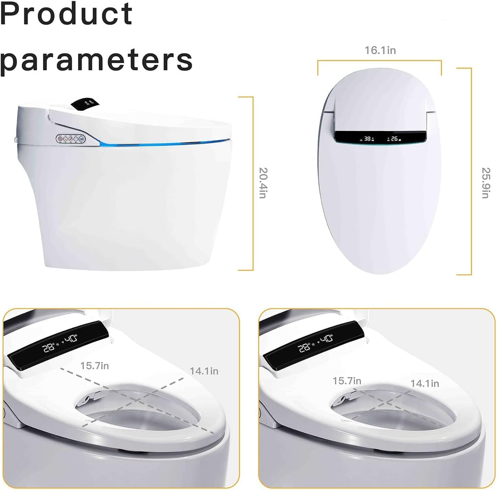 Smart Toilet, One Piece Bidet Toilet for Bathrooms, Toilets with Warm Water Sprayer & Dryer, Foot Sensor Operation, Heated Bidet Seat, Tankless Toilets with Fahrenheit LED Display