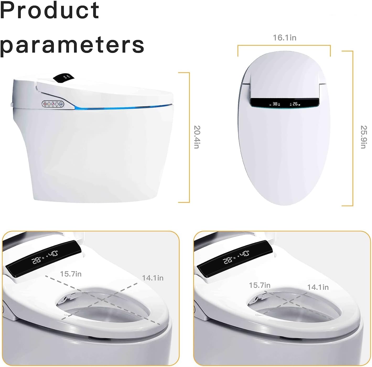 Smart Toilet, One Piece Bidet Toilet for Bathrooms, Toilets with Warm Water Sprayer & Dryer, Foot Sensor Operation, Heated Bidet Seat, Tankless Toilets with Fahrenheit LED Display
