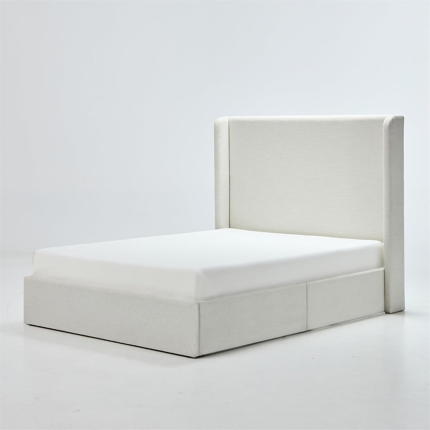 California King Textured Canvas Chenille Bed Frame with 54' Tall Headboard - Ivory Carmen Wingback Upholstered Platform Bed Elegant Simplicity Bedroom Strong Wood Slats Support No Box Spring Needed
