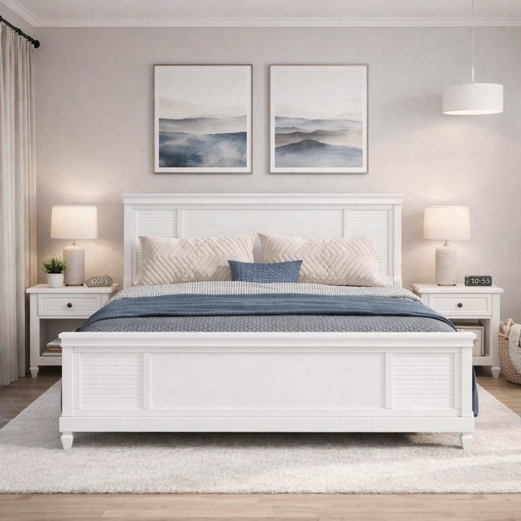 Christopher Knight Home Todie Modern King Size Bed Frame with Headboard, Wooden King Size Platform Bed Frame, Farmhouse King Size Bed Set, No Box Spring Needed, Easy Assembly, White