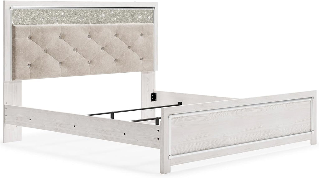 Signature Design by Ashley Altyra Contemporary Adjustable Tufted King Upholstered Panel Bed with LED Lights and Metal Slats, Foundation or Box Spring Needed, White & Gray