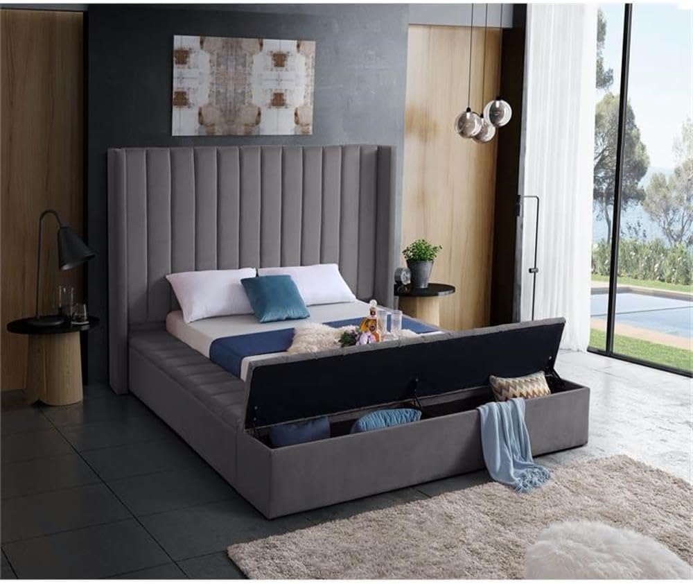 Meridian Furniture Kiki Collection Modern | Contemporary Velvet Upholsterd Bed with Channel Tufting, Siderails and Footboard Storage Compartments, Full, Grey