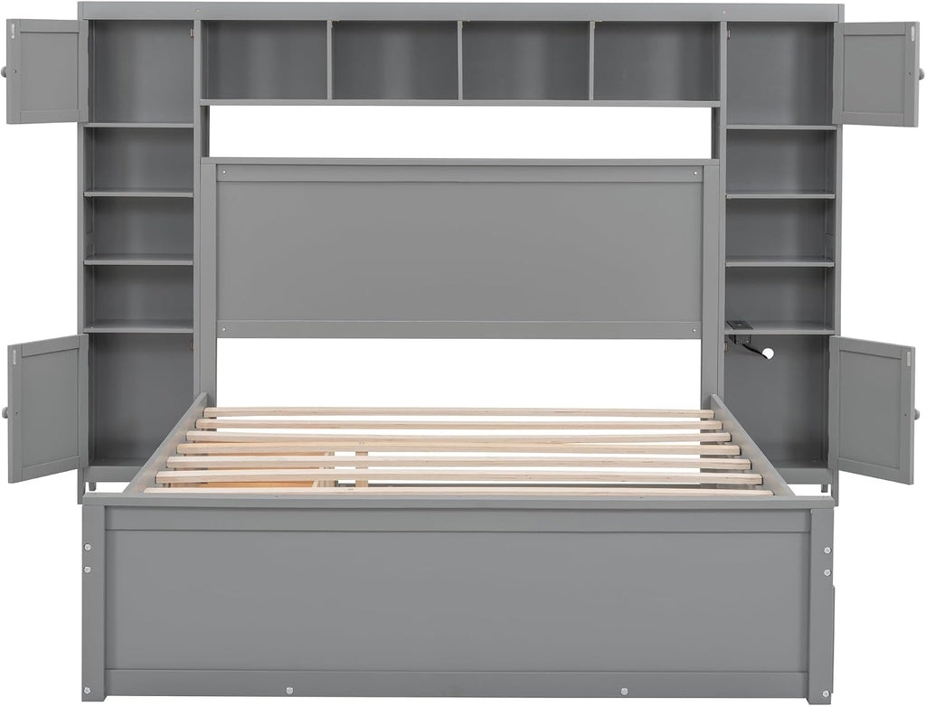 Harper & Bright Designs Queen Size Platform Bed with Trundle and Drawers, Queen Platform Bed Frame with Storage Headboard, Solid Wood Bed Frame with Bookcase and Cabinet, No Box Spring Needed (Gray)