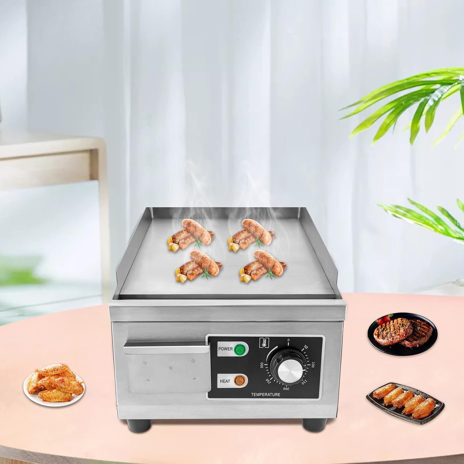 Commercial Electric Griddle, 1300W Stainless Steel Flat Top Griddle with Temperature Control 122-572℉, 11x15.8in Commercial Countertop Griddle for Steak Pancake Kitchen Restaurant