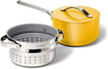Caraway Nonstick 3 Qt Ceramic Sauce Pan with Lid & Steamer - Non Toxic, PTFE & PFOA Free - Oven Safe & Compatible with All Stovetops (Gas, Electric & Induction) - Marigold