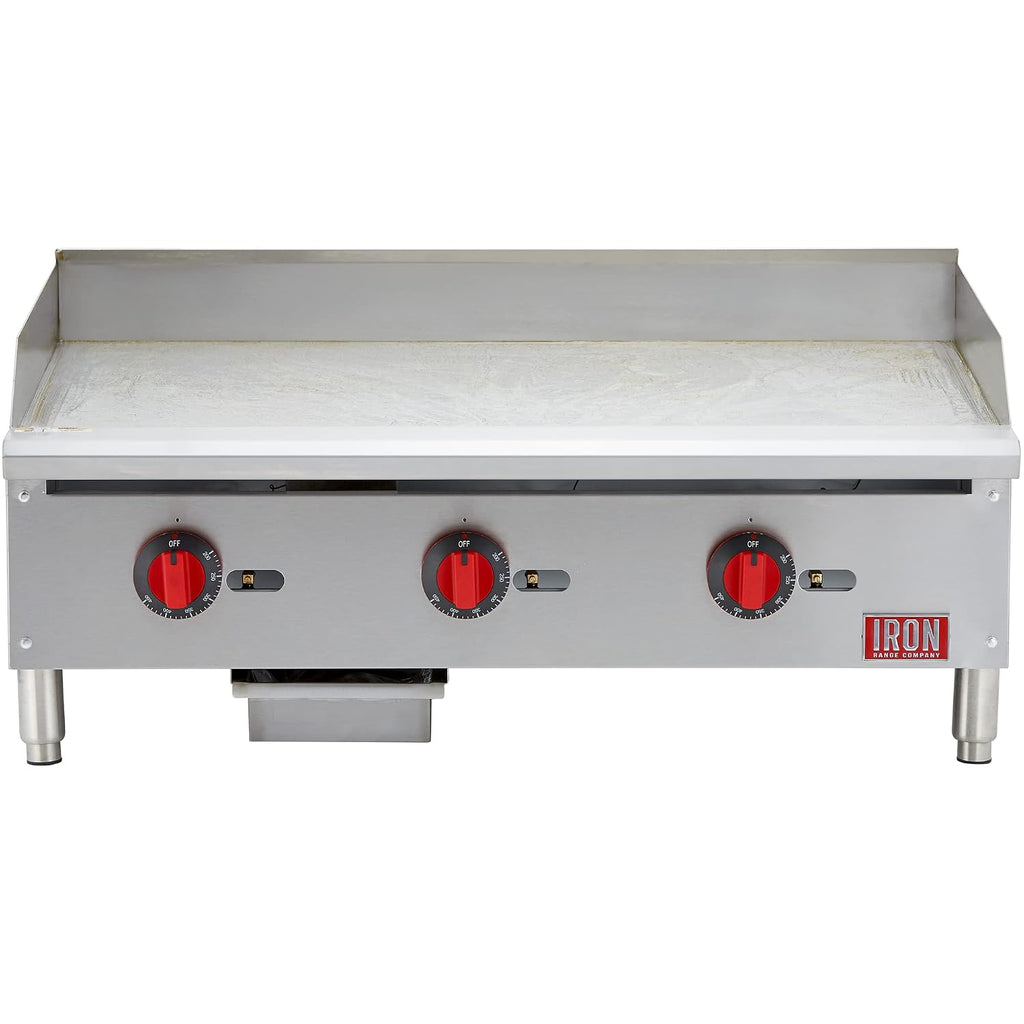 Iron Range IRTG-36 36' x 21' Countertop Commercial Gas Griddle, 3 Burners, 90,000 BTU, Thermostatic Control, Stainless Steel, ETL Listed, LPG Conversion Kit, Easy-to-Clean Grease Tray