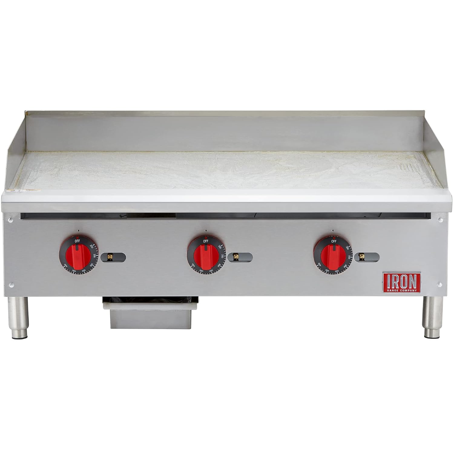 Iron Range IRTG-36 36' x 21' Countertop Commercial Gas Griddle, 3 Burners, 90,000 BTU, Thermostatic Control, Stainless Steel, ETL Listed, LPG Conversion Kit, Easy-to-Clean Grease Tray