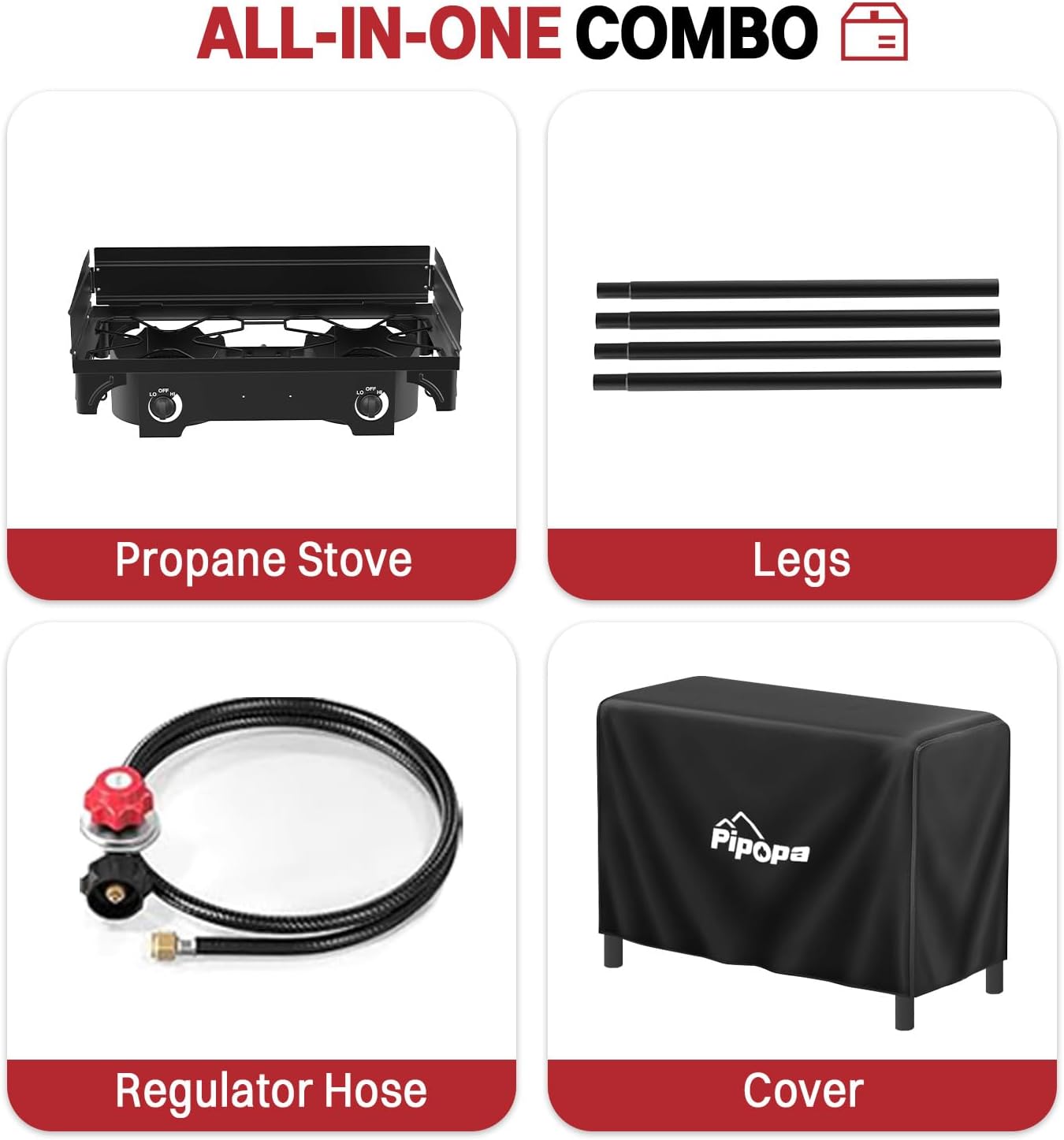 2 Burner Propane Camp Stove | High Pressure 150,000 BTU Gas Burners with Windscreen | Cover | Detachable Legs | 0-20 PSI Regulator | Ideal for Camping Backyard Outdoor Cooking