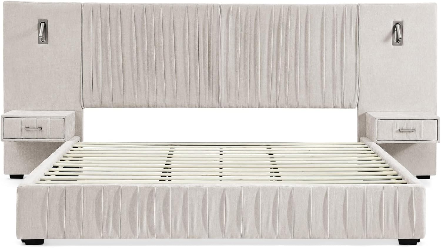 KEIKI Queen Size Chenille Bed Frame with 2 Nightstands, Lamps & Oversize Headboard, Solid Wood Frame Platform Night Stand Bedroom Set, Upholstered Floor Grounded Bed, No Box Spring Needed, Beige