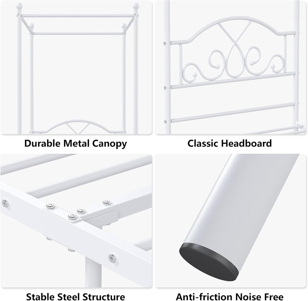 Weehom Twin Canopy Bed Frame with Headboard and Footboard Metal Four Posters Curtains Design Mattress Foundation Bed Platform Underbed Storage Space No Box Spring Needed for Kids Adults White