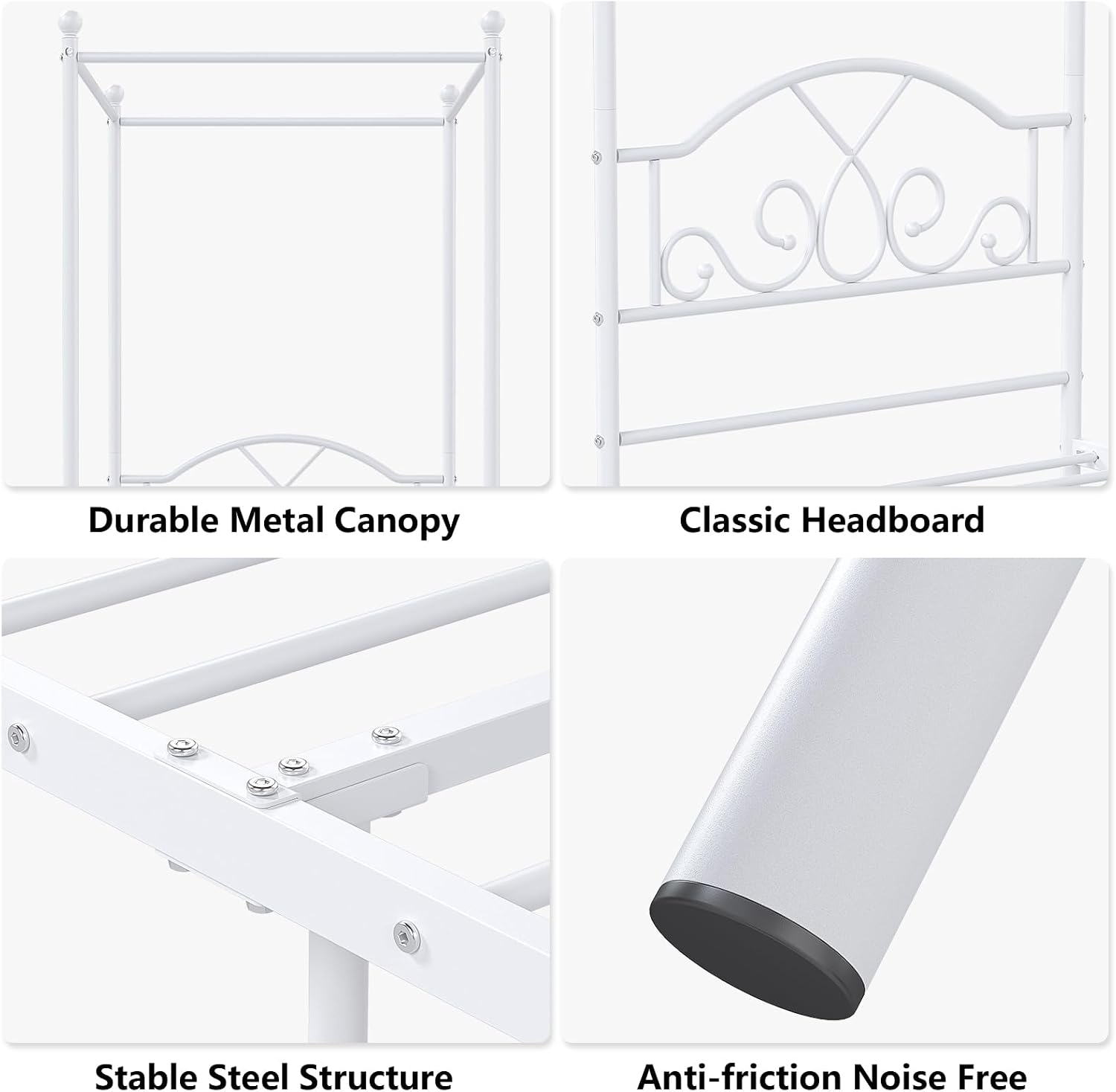 Weehom Twin Canopy Bed Frame with Headboard and Footboard Metal Four Posters Curtains Design Mattress Foundation Bed Platform Underbed Storage Space No Box Spring Needed for Kids Adults White