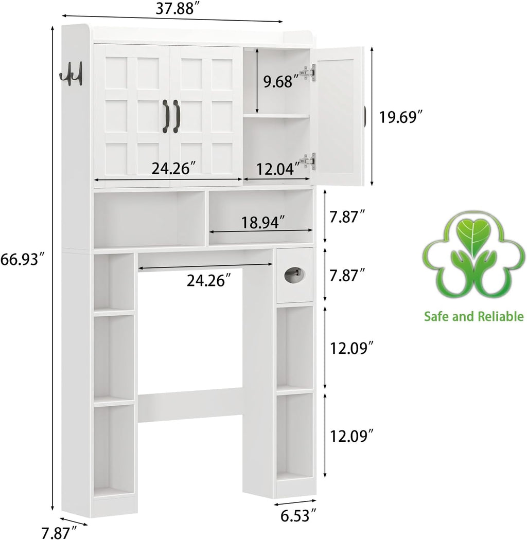 Vabches Over The Toilet Storage Cabinet,Farmhouse Bathroom Organizer with 3 Barn Doors & Adjustable Storage Shelf,Space-Saving Toilet Rack with Toilet Paper Holder Stand for Restroom, Laundry, White
