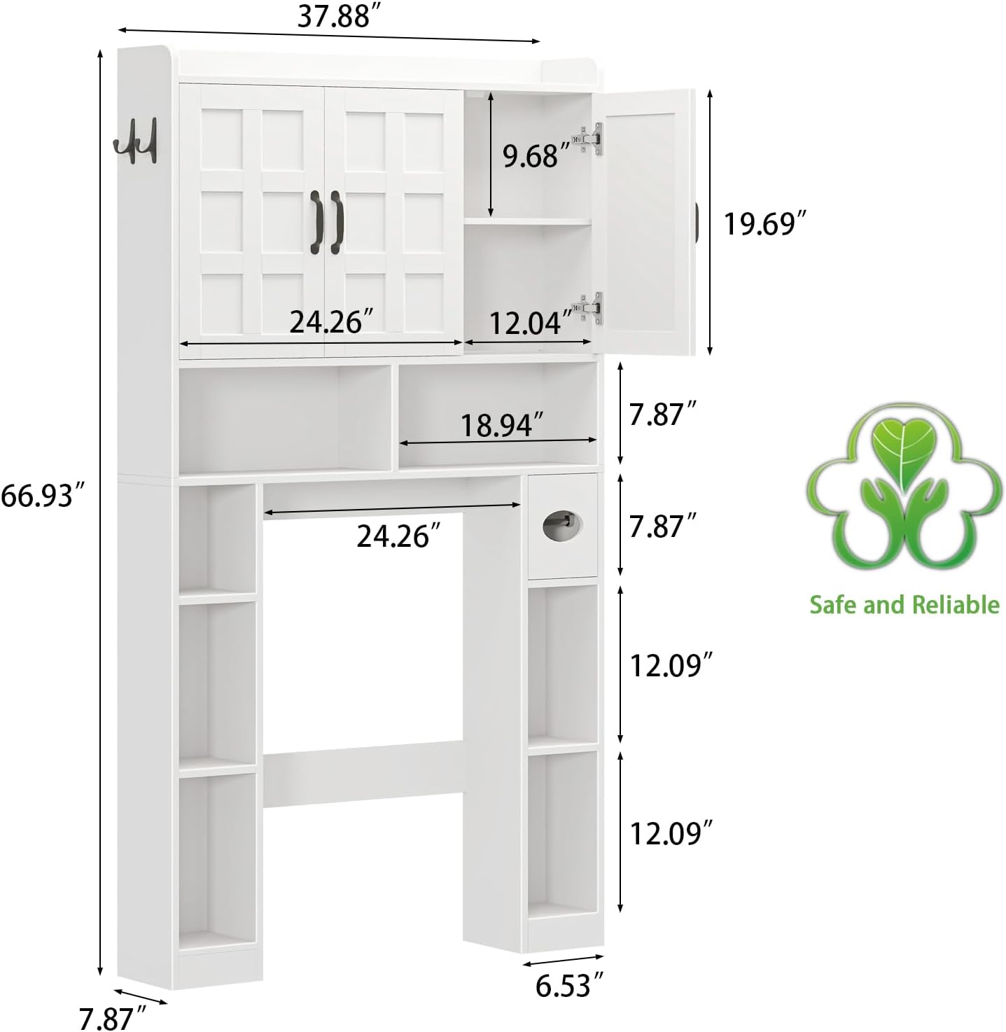 Vabches Over The Toilet Storage Cabinet,Farmhouse Bathroom Organizer with 3 Barn Doors & Adjustable Storage Shelf,Space-Saving Toilet Rack with Toilet Paper Holder Stand for Restroom, Laundry, White