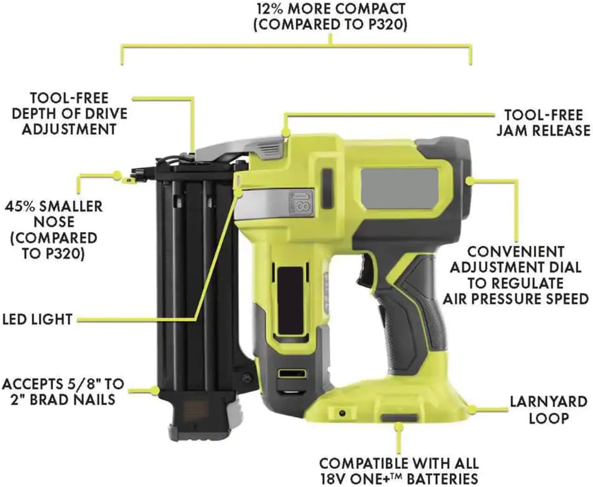 P321-PSK005 Fits for RYOBI 18V Cordless 18-Gauge Brad Nailer Kit with 2.0 Ah Compact Battery and Charger