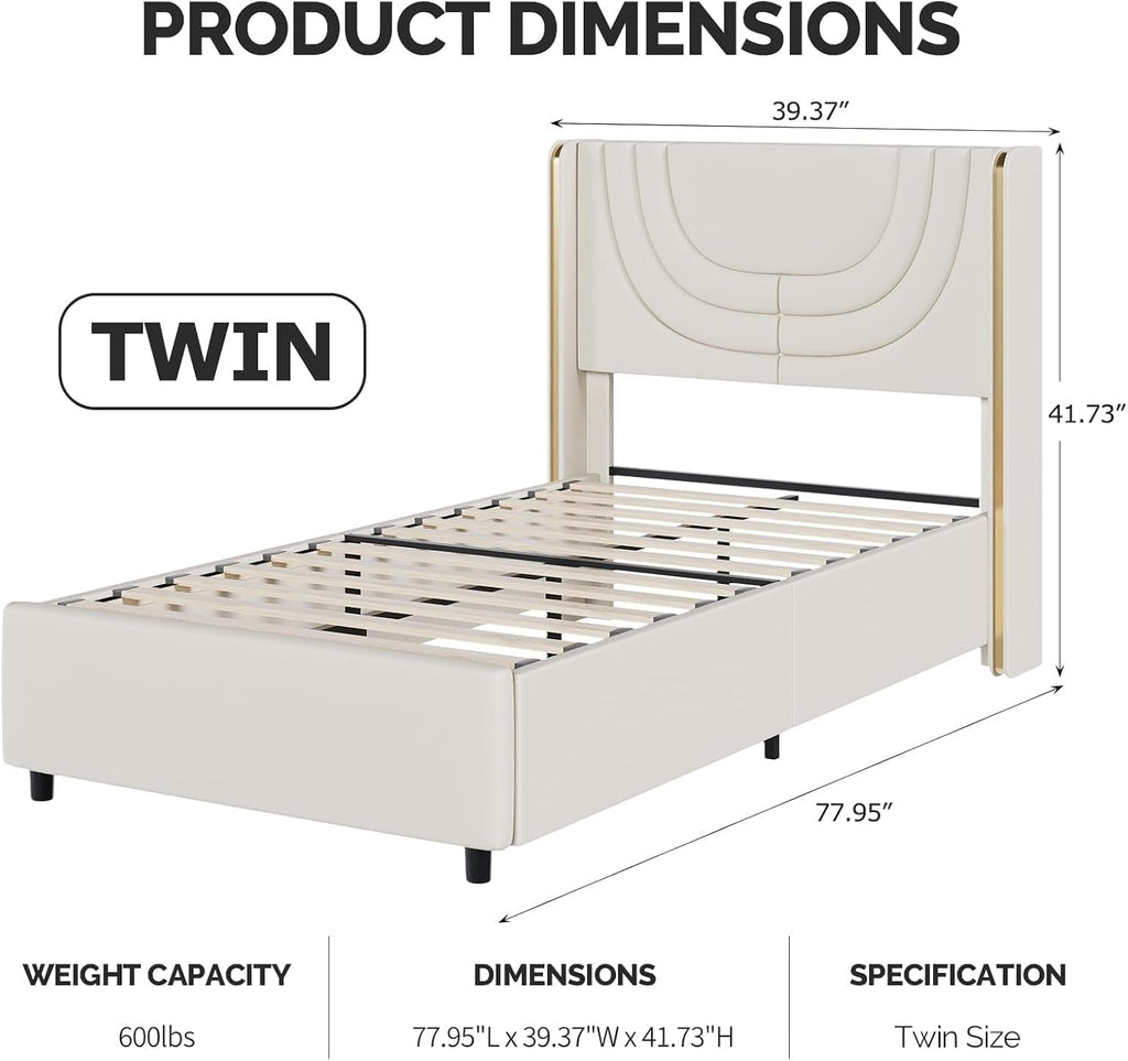REVOMINCA Twin Upholstered Bed Frame with LED Lights, Faux Leather Platform Bed Frame with Silver Wingback Headboard, Modern Style, No Box Spring Needed, Easy Assembly, Cream
