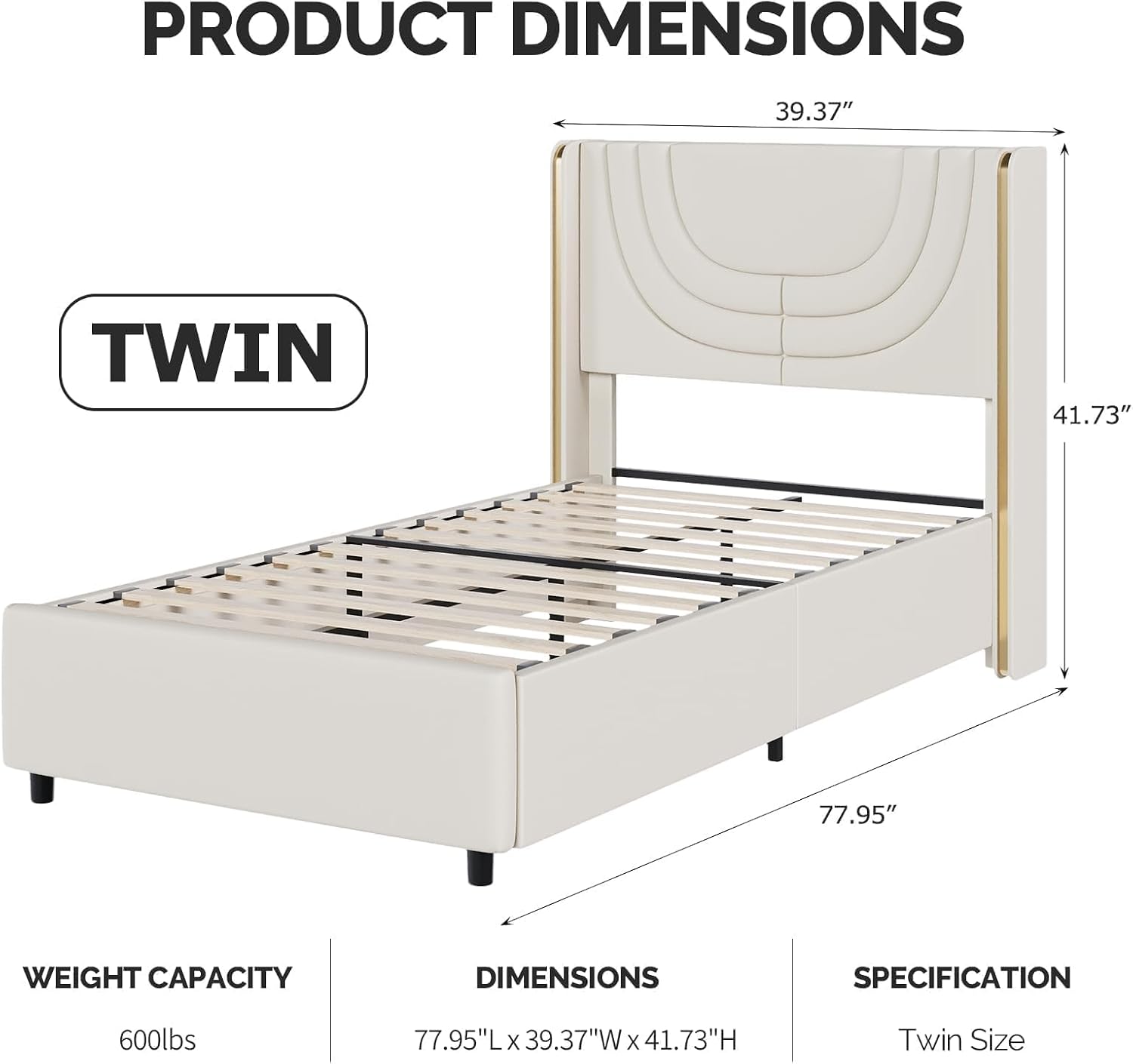 REVOMINCA Twin Upholstered Bed Frame with LED Lights, Faux Leather Platform Bed Frame with Silver Wingback Headboard, Modern Style, No Box Spring Needed, Easy Assembly, Cream