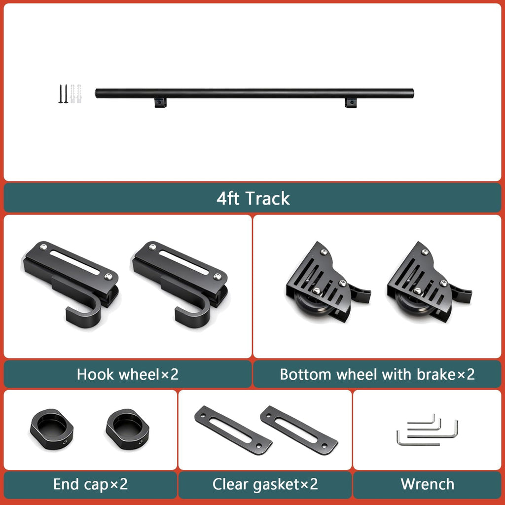 4FT Sliding Library Ladder Hardware Kit,Black Telescopic Top Hook,Bottom Wheel with Brake,MAX Load 300lbs,No Ladder