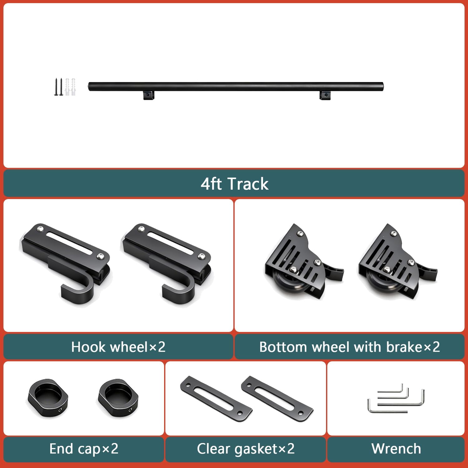 4FT Sliding Library Ladder Hardware Kit,Black Telescopic Top Hook,Bottom Wheel with Brake,MAX Load 300lbs,No Ladder
