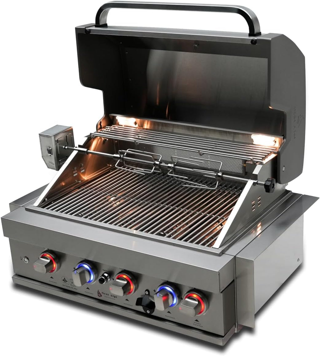 Mont Alpi Premium 32'W x 23'D x 21'H Stainless Steel 4-Burner 63000 BTUs Outdoor Kitchen Kitchen Island Heavy Duty Propane Built-in BBQ Grill Head with Infrared Rear Burner + Rotisserie Kit + Cover