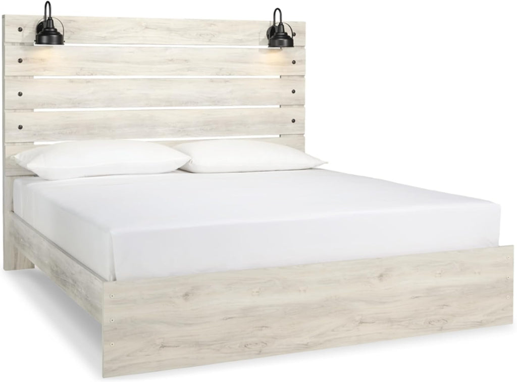 Signature Design by Ashley Cambeck Farmhouse King Panel Bed with Sconce Lights and USB Ports, Foundation or Box Spring Needed, Whitewash