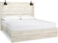 Signature Design by Ashley Cambeck Farmhouse King Panel Bed with Sconce Lights and USB Ports, Foundation or Box Spring Needed, Whitewash