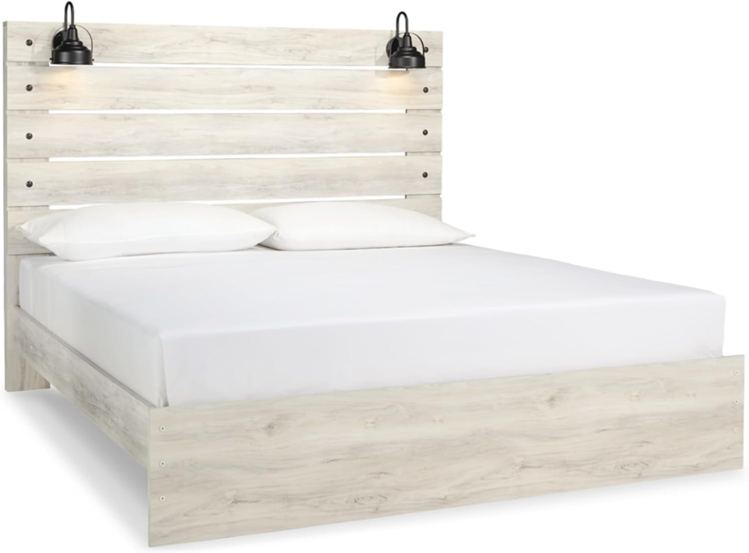 Signature Design by Ashley Cambeck Farmhouse King Panel Bed with Sconce Lights and USB Ports, Foundation or Box Spring Needed, Whitewash