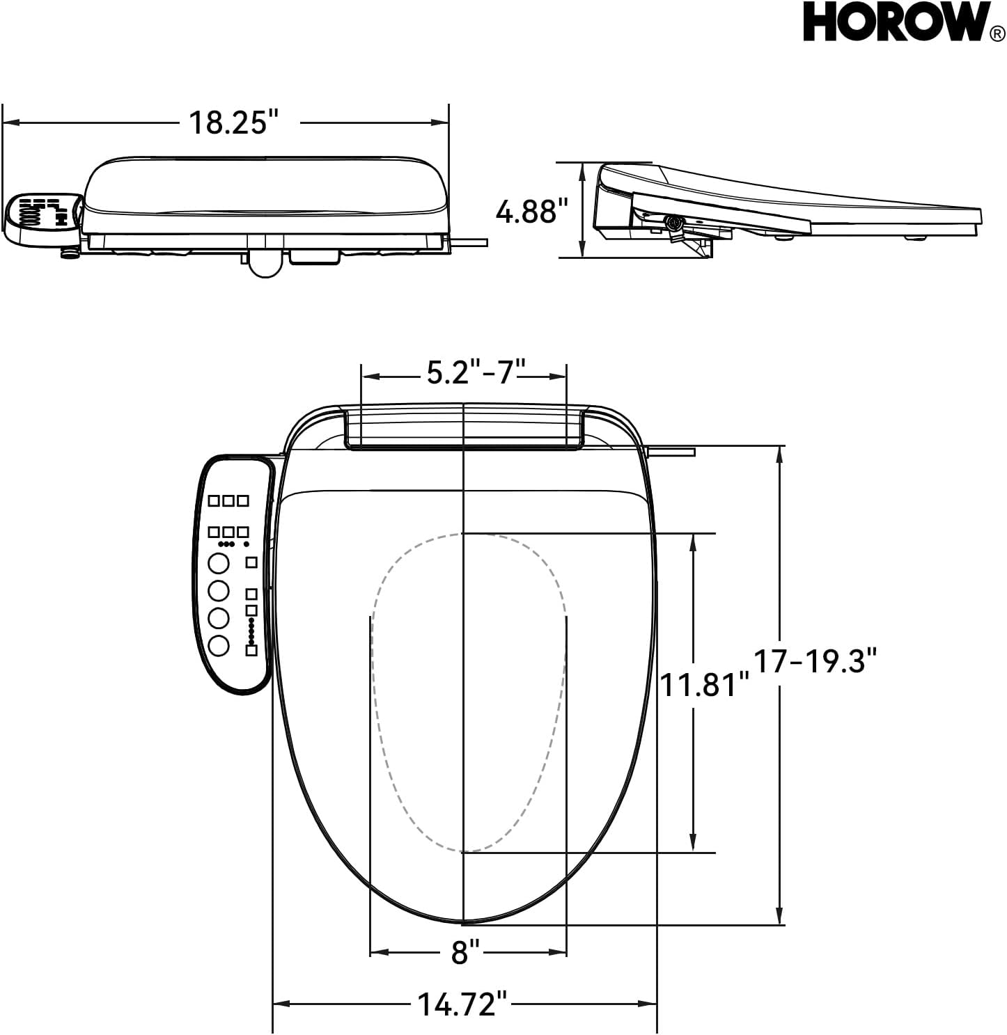 HOROW B0403 Elongated Bidet Toilet Seat, Soft Closing Adjustable Heated Seat fits for T0338W Toilet, Electronic Smart Seat with Warm Air Dryer and LED Night Light, White Side Arm Control