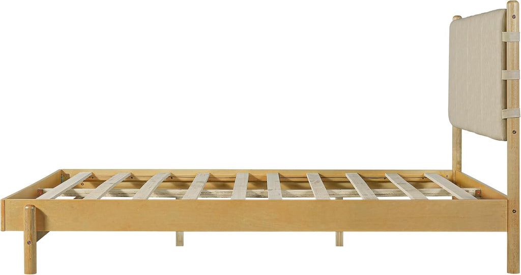 Premium Rubber Wood Platform Bed Frames, Queen Size Bed Frame with Headboard Included, Mid Century Modern Beds, Beige