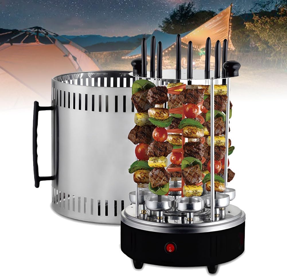 Smokeless Vertical Electric Grill, Electric Griddle Indoor Smokeless Electric Grill, Multifunctional Automatic Rotary Skewer Machine, for Home Party Travel Hiking Camping Garden