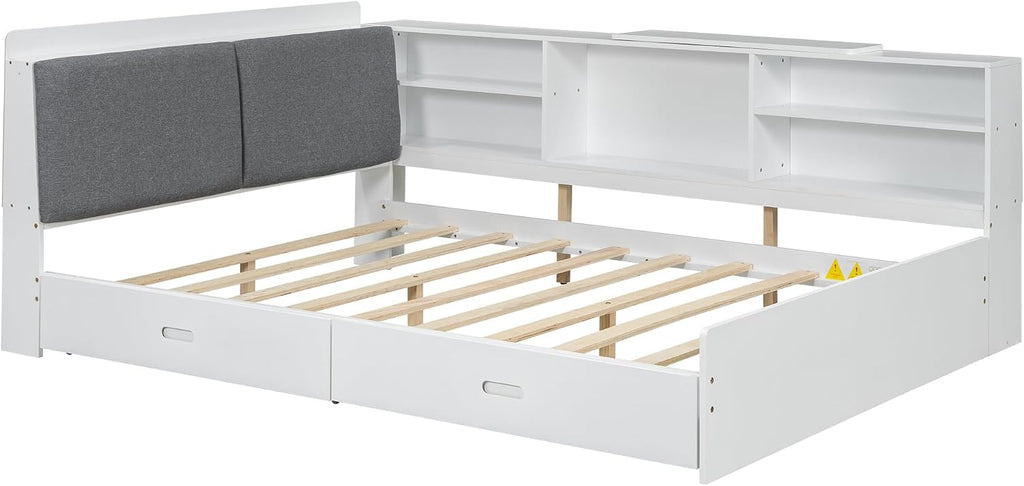 Harper & Bright Designs Full Size Daybed with 2 Storage Drawers and Bookcase,Wood L Shaped Full Platform Bed Frame with Shelves, Full Sofa Bed Frame with Slats Support, No Box Spring Needed, White