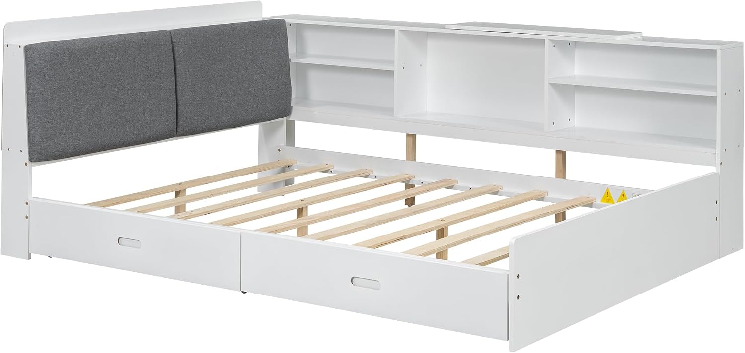 Harper & Bright Designs Full Size Daybed with 2 Storage Drawers and Bookcase,Wood L Shaped Full Platform Bed Frame with Shelves, Full Sofa Bed Frame with Slats Support, No Box Spring Needed, White