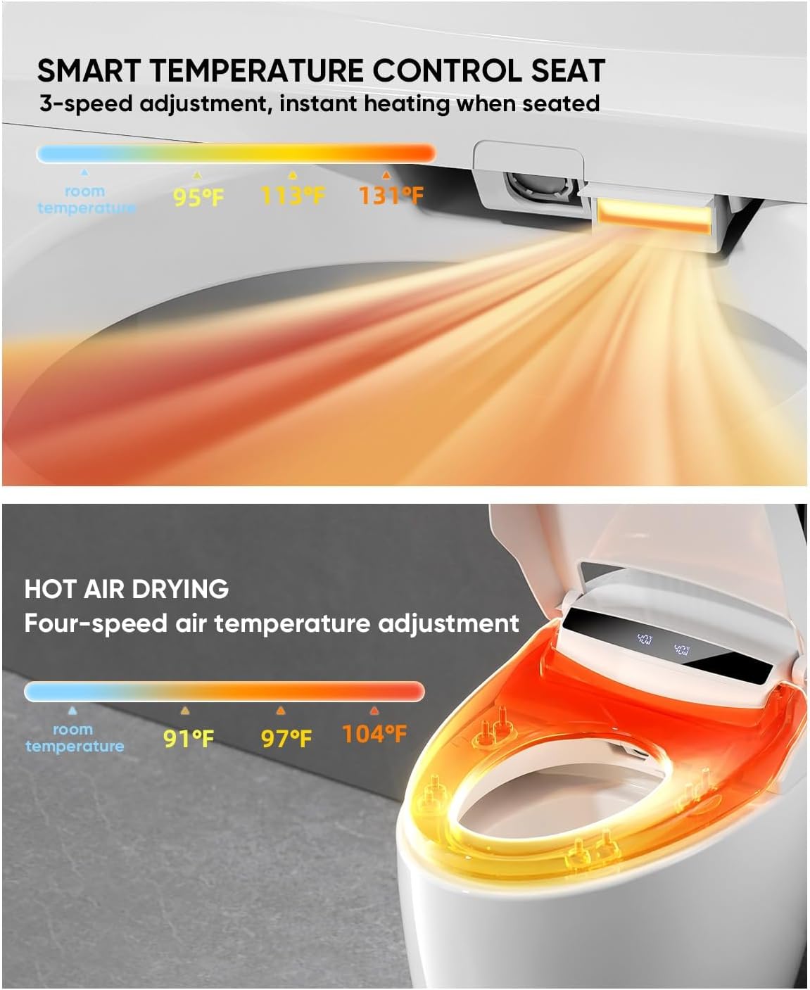 TDH Smart Toilet, Tankless Toilets with Foot Sensor Operation, Heated ToiletSeat with Warm Water Sprayer and Dryer, LED Display with Fahrenheit, ADA Comfort Height