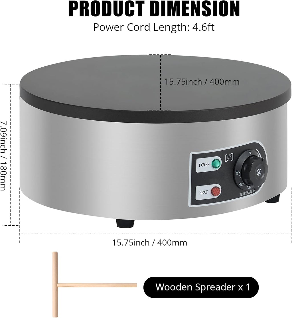 16' Commercial Electric Crepe Maker & Pancake Griddle, 1500W Non-Stick Plate, Stainless Steel Round Base, Adjustable Temp Control, 110V for Crepes Blintzes Eggs Bacon